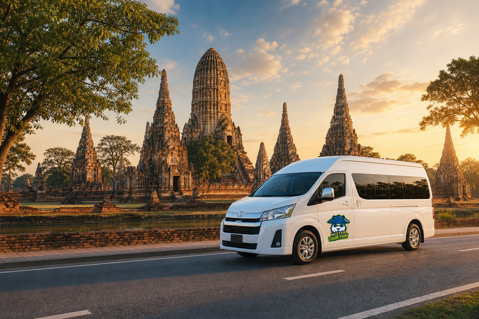 Private van near ancient temples in Ayutthaya at golden hour