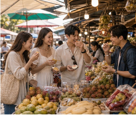 Friends tasting fruit at a Bangkok local market