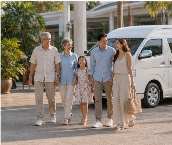 Multi-generation family returning to a resort after a private trip